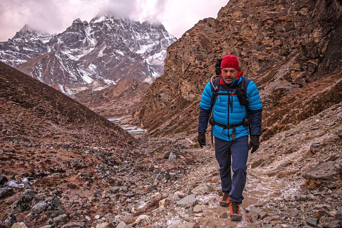 Norrona Falketind Down750 Hood Jacket (Hiking a trail in Nepal)